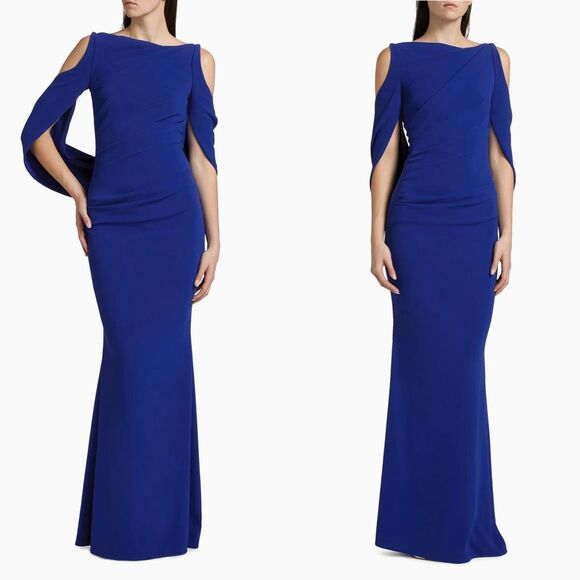 Talbot Runhof Floral Lace & Cady Cold-Shoulder Gown in Royal US10 $2450 - Picture 1 of 12